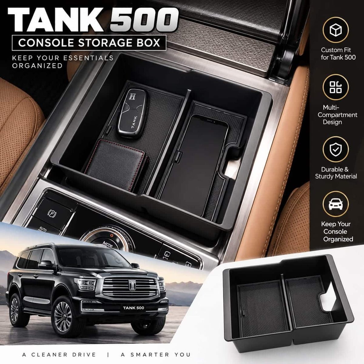 Tank 500 Centre Console Storage Box With Non-Slip Rubber Mats ST-39
